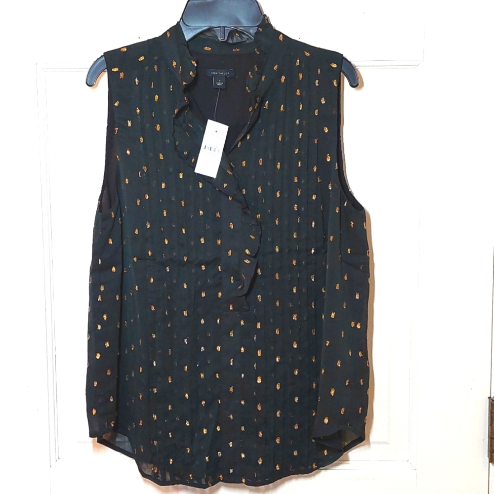 NWT Ann Taylor Black Ruffled Top with Gold Clip Dots, Size S